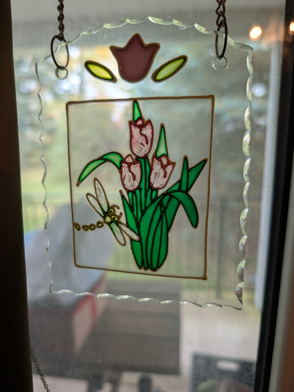Hand-Painted Tulip and Dragonfly Glass Suncatcher - Green & Pink